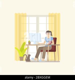 Junge Frau in Freizeitkleidung arbeitet tagsüber zu Hause mit Desktop-Computer auf dem Tisch in einem gemütlichen Raum mit Tür, Vorhang, Pflanze, Kaffeebecher Stock Vektor