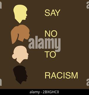 Silhouetten von Gesichtern von Menschen verschiedener Rassen auf einem braunen Hintergrund mit der Inschrift Nein zum Rassismus. Vektor-Illustration flach Stil. Afrikaner, E Stock Vektor