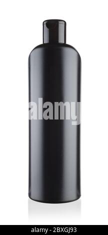 Schwarze Kunststoffflasche isoliert auf weiß. Stockfoto