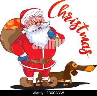 Lustige Karikatur Weihnachtsmann mit Sack von Geschenken auf dem Rücken und braunem Dachshund - Symbol des Jahres. Farbige Weihnachtsmann isoliert auf weißem Hintergrund Stock Vektor