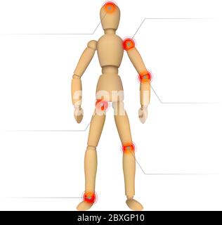 Schmerzinfografiken. Weibliche oder männliche Schaufensterpuppe aus Holz zum Zeichnen und Platz für Ihren Text. Realistische Vektordarstellung isoliert auf weißem Hintergrund. Pe Stock Vektor