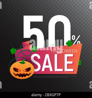 Happy Halloween Sale Vektor Banner oder Aufkleber Design-Vorlage mit Blättern und Kürbis. Ideal für die Gestaltung Ihrer Website oder Print-Publikationen Stock Vektor