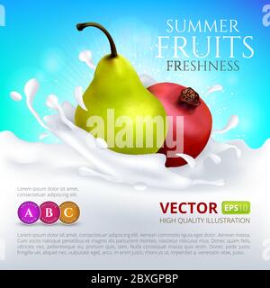 Birne und Granatapfel fallen in Milch oder Joghurt mit Spritzer. Vector hochwertige Illustration für Etikettenverpackungen Stock Vektor