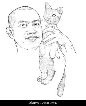 Zeichnung lustige Porträt eines asiatischen Mann tragen niedliche Katze auf weißem Hintergrund. Liebe zwischen Mensch und Tier. Vektorgrafik. Stock Vektor