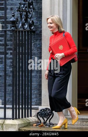 Liz Truss, Abgeordnete, Politiker der britischen Konservativen Partei, Staatssekretär für internationalen Handel, Mitglied des Parlaments, verlässt 10 Downing Street, Lond Stockfoto