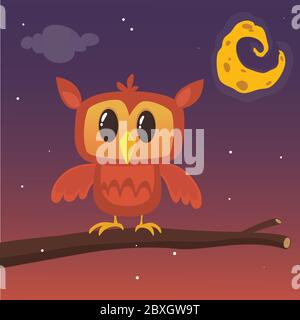 Vektor-Illustration von Eule in der Nacht sitzt auf dem Ast auf dem Hintergrund mit Mond und Sternen Stock Vektor