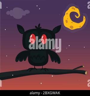 Halloween-Karte, Silhouette der Eule mit großen Augen auf einem Ast sitzen gegen einen Vollmond und Sternenhimmel Stock Vektor