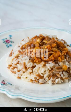 Libanesischer Mujadara Reis und Linsen Pilaf mit Vermicelli / Pilav. Traditionelles Gericht. Stockfoto