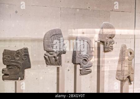 Steinskulpturen aus prähispanischen mesoamerikanischen Kulturen im Museum für Anthropologie im historischen Zentrum von Xalapa, Veracruz, Mexiko. Stockfoto