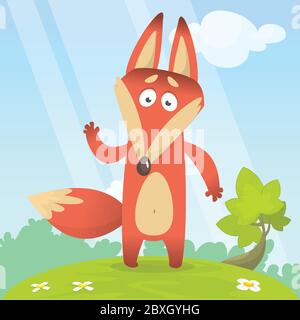 Fuchs im Gras - eine Kinder-Cartoon-Illustration - stilisierte Vektorbild. Zum Drucken, Erstellen von Videos oder Web-Grafik-Design, Benutzeroberfläche, Karte, po Stock Vektor