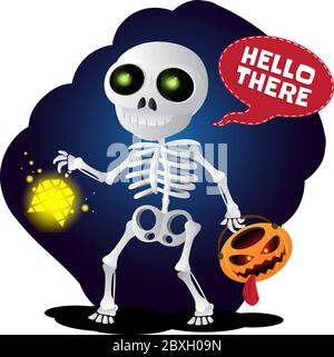 Glücklich Cartoon Skelett zu Fuß mit Laterne und Kürbis Kopf. Vektor-Illustration zu Happy Halloween isoliert auf weißem Hintergrund Stock Vektor