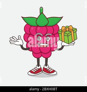 Eine Illustration von Himbeer-Frucht-Cartoon Maskottchen Charakter mit einer Schachtel Geschenk Stock Vektor
