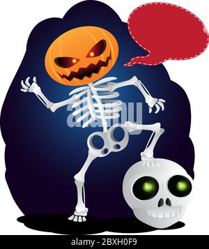 Glücklich Cartoon Skelett mit Kürbis statt seinen Kopf und Spachtel Blase. Vektor-Illustration zu Happy Halloween isoliert auf weißem Hintergrund Stock Vektor
