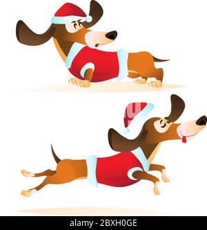 Cartoon braun Dackel in Santa Hut und rote Jacke in verschiedenen Posen. Handgezeichnete Vektorgrafik für Weihnachten und Frohes neues Jahr 2018 Isolate Stock Vektor