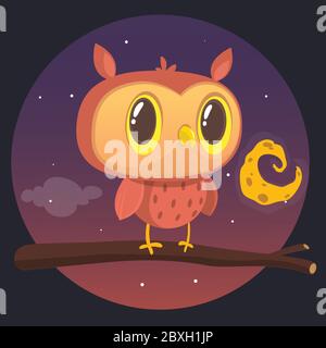 Halloween-Karte, Silhouette der Eule mit großen Augen auf einem Ast sitzen gegen einen Vollmond und Sternenhimmel Stock Vektor