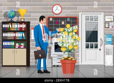 Geschäftsmann erntet von Geld Münzbaum. Wachsender Geldbaum. Investitionen, Investitionen. Goldmünzen und Dollarnoten auf den Zweigen. Symbol des Reichtums. Geschäftserfolg. Abbildung flacher Vektorgrafiken. Stock Vektor