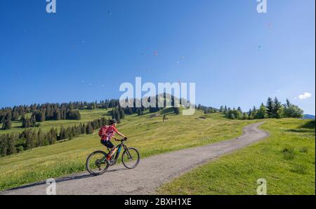 Hübsche ältere Frau auf ihrem elektrischen Mountainbike auf den Bergen oberhalb Oberstaufen, Allgauer Alpen, Bayern Deutschland Stockfoto