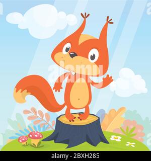 Niedliches Cartoon-Eichhörnchen in verspielter Stimmung auf einem Stumpf in der Wiese mit grünem Gras und Waldhintergrund stehen. Vektorgrafik isoliert Stock Vektor