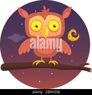 Cartoon Eule auf Ast auf Hintergrund des Vollmondes sitzen. Vektorgrafik Stock Vektor