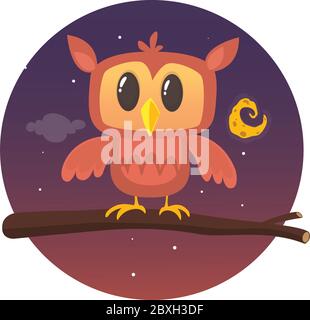 Vektor-Illustration von Eule in der Nacht sitzt auf dem Ast auf dem Hintergrund mit Mond und Sternen Stock Vektor