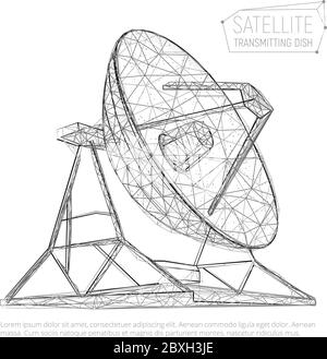 Schwarze abstrakte polygonale Satellitenschüssel für die Weltraumforschung. Vektordarstellung der Radioantenne bestehend aus Dreiecken, Polygonen, Punkten und Linien Stock Vektor