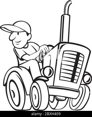 Schwarz-weiß Cartoon-Stil Illustration von Landwirt oder Gärtner Reiten und Fahren eines Vintage Bauernhof Traktor auf isolierten Hintergrund. Stock Vektor