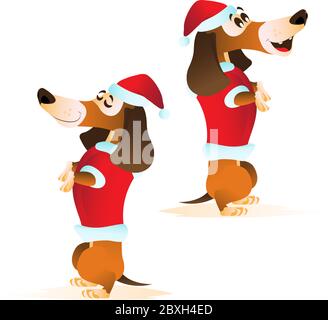 Cartoon braun Dackel in Santa Hut und rote Jacke in verschiedenen Posen. Handgezeichnete Vektorgrafik für Weihnachten und Frohes neues Jahr 2018 Isolate Stock Vektor