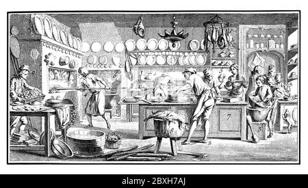 Illustration einer typischen französischen Küche/eines traditionellen Restaurants aus dem 18. Jahrhundert. Veröffentlicht in „EINE Diderot-Bildenzyklopädie des Trades und der Industrie“ Stockfoto