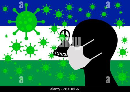 Mensch mit einem Mund Gesicht Masken oder Mund Cover mit Virus mit LESOTHO Flagge umgeben Stockfoto