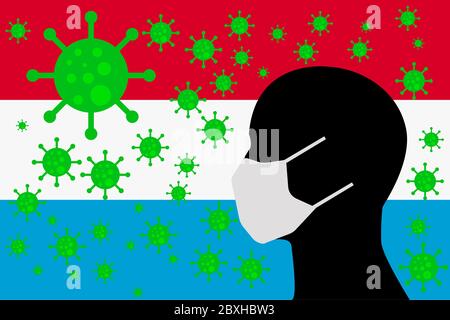 Mensch mit einem Mund Gesicht Masken oder Mund Abdeckung mit Virus mit LUXEMBURG Flagge umgeben Stockfoto