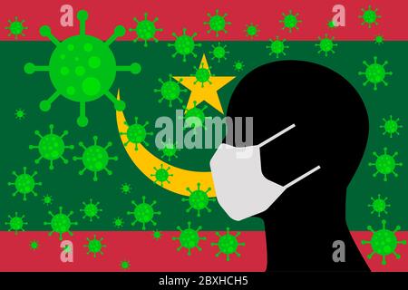 Mensch mit einem Mund Gesicht Masken oder Mund Cover mit Virus mit MAURETANIEN Flagge umgeben Stockfoto