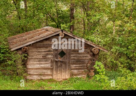 Kleine Blockhütte im Wald. Stockfoto