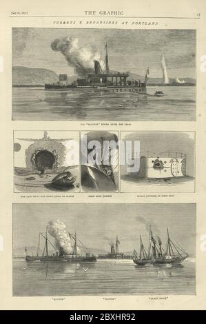 Kriegsschiffprobungen der Royal Navy. Türmchen gegen Broadside, Portland 1870er Victorian Royal Navy Warships, HMS Hotspur (Eisenplatt RAM), HMS Glatton (Brustmonitor), HMS Black Eagle (Dampfyacht). 19. Jahrhundert, 1872 Stockfoto