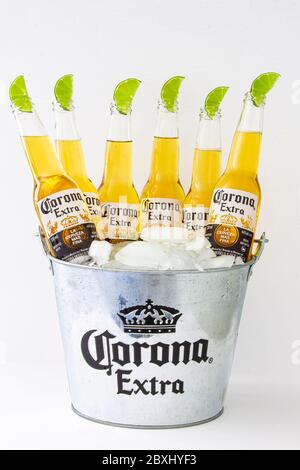 Calgary, Alberta, Kanada. 07. Juni 2020. Ein Eimer Corona Bierflaschen mit Eis und Limetten Stockfoto