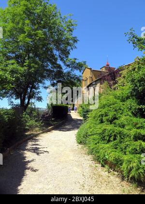 Frankreich, Rhone, Val d'Oignt, Dorf von Oignt, restauriert, XII c., Bergfried, Kunstläden, Handwerksläden, Zementtiere, Hügel, Stockfoto