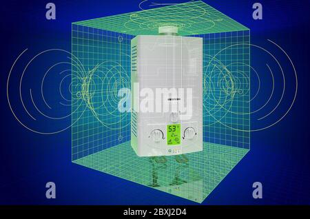 Visualisierung 3d cad Modell von Gas Boiler, Wasser-Heizung Blaupause. 3D-Rendering Stockfoto