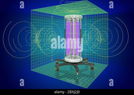 Visualisierung 3d cad Modell der UV UV-Desinfektionslampe, Blaupause. 3D-Rendering Stockfoto