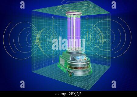 Visualisierung 3d cad Modell des UV-Desinfektionsroboters, Blaupause. 3D-Rendering Stockfoto