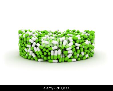 Pillen Kapseln auf weißem Hintergrund isoliert gestapelt, Medizin und Gesundheitswesen. 3D-Rendering Stockfoto