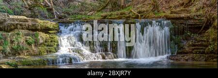 Kaskadenartige Wasserfälle in der Gauchachschlucht, einem beliebten Wandergebiet in Deutschland. Stockfoto