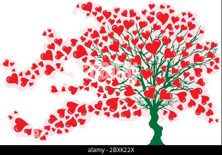 Baum im Wind mit roten Herzen Stock Vektor