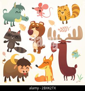 Cartoon Wald Tiere Set. Vektor illustriert. Eichhörnchen, Maus, Waschbär, Wildschwein, Fuchs, Büffel, Bär, Elch, Vogel. Isoliert Stock Vektor