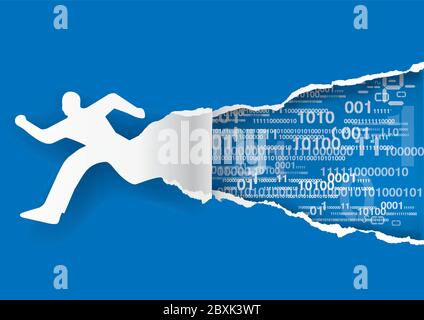 ast Internet-Anschluss, Mann und binäre Codes. Illustration der männlichen Silhouette zerreißt blaues Papier mit binären Codes. Konzept für schnellen Datenfluss. Stock Vektor