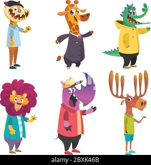 Cartoon Hipster Tiere Set. Tier in Kleidung. Lässiger Stil. Cartoon Vektor Illustration. Tiger, Giraffe, Löwe, Krokodil, Elch, Nashorn. Flacher Stil Stock Vektor