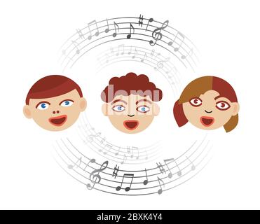 Drei singende Kinder mit musikalischen Noten. Stilisierte Illustration des Kinderchors mit Kreis von Noten. Isoliert auf weißem Hintergrund. Stock Vektor