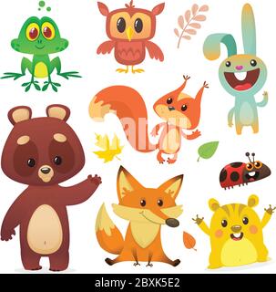 Cartoon Wald Tiere Set. Vektorgrafik. Große Reihe von Cartoon Wald Tiere Illustration. Eichhörnchen, Eule, Hase Kaninchen, Frosch, Chippmunk, Fuchs Stock Vektor