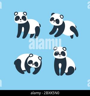 Set von fantastischen Pandas. Vektor-Illustration in flacher Form auf blauem Hintergrund Stock Vektor