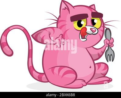 Fette lustige Katze mit gelben Augen halten Gabel. Vektor Cartoon Katze warten auf Nahrung Stock Vektor