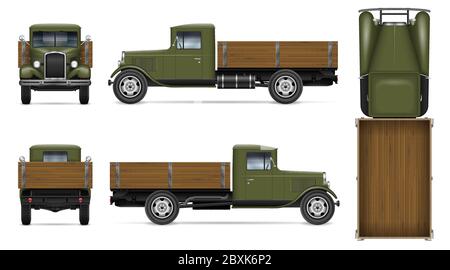 Retro Auto Vektor Mockup auf weißem Hintergrund. Isolierte grüne LKW-Ansicht von Seite, vorne, hinten, oben. Alle Elemente in den Gruppen auf separaten Ebenen Stock Vektor