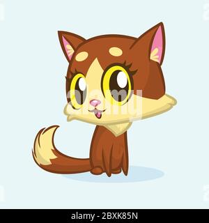 Braun niedliche Kitty mit grünen Augen und flauschigen Schwanz sitzen. Vektor Cartoon Katze Illustration oder Symbol Stock Vektor